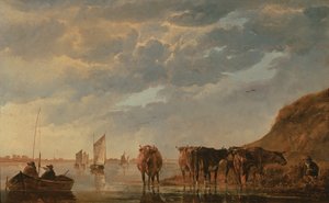 En gjeter med fem kyr ved en elv, ca. 1650 (panel)